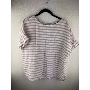 Sigrid‎ Olsen Women Stripe 100% Linen Button Back Short Sleeve Top Size L Boho